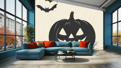 A spooky black and white illustration of a Jack-o'-lantern with a wide, toothy grin, set against a backdrop of three flying bats. The image is evocative of Halloween traditions and the thrill of the u Wall mural