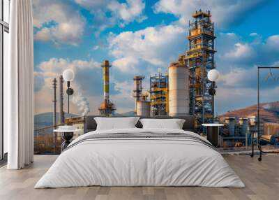 A sprawling industrial complex with tall chimneys emitting smoke under a cloudy sky, symbolizing production, industry, manufacturing, energy, and pollution. Wall mural