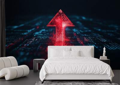 A striking red arrow, composed of digital code, stands out against a dark blue background. This powerful image symbolizes growth, progress, and upward momentum in the digital world. The arrow points u Wall mural