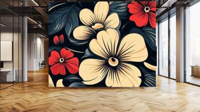 A stylized floral design featuring large, cream-colored flowers with contrasting red blossoms and deep blue-green foliage. The design symbolizes beauty, contrast, growth, nature, and vibrancy. Wall mural