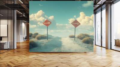 A surreal landscape with a split road and two direction signs pointing in opposite directions, symbolizing choice, uncertainty, decision-making, and the path ahead. Wall mural