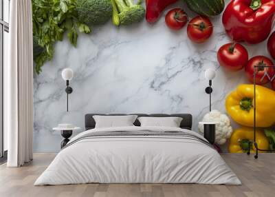 A vibrant arrangement of fresh vegetables including red bell peppers, tomatoes, yellow bell peppers, broccoli, cauliflower, and parsley on a white marble background, leaving ample copy space for text  Wall mural