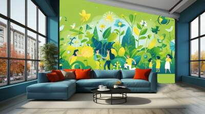 A vibrant illustration depicting people of diverse ages and backgrounds working together to plant trees and flowers, symbolizing environmental stewardship, community growth, and a sustainable future. Wall mural