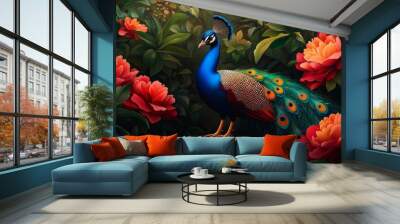 A vibrant peacock with its iridescent plumage stands proudly in a lush garden, surrounded by vibrant red and orange flowers. The peacock's beauty is accentuated by the contrasting colors of the blosso Wall mural