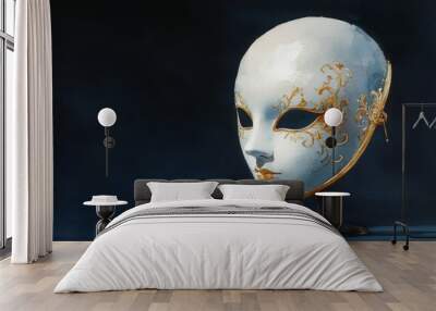 A white masquerade mask with intricate gold designs,  placed on a black stand, against a dark, shadowy backdrop. The mask symbolizes mystery, elegance, anonymity, and the art of disguise. Wall mural