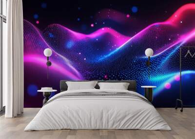 Abstract Neon Wave Background - A dynamic abstract background with a wave-like form, featuring vibrant pink and blue neon lights.  This image symbolizes technology, innovation, energy, and the future. Wall mural