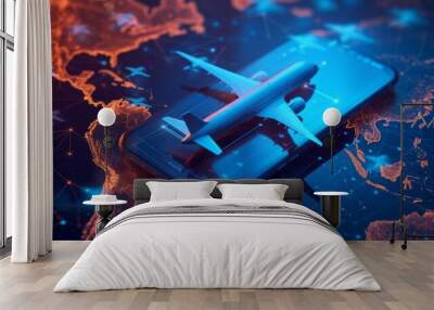 Airplane taking off from digital smartphone - A conceptual image illustrating modern travel and technology with a plane lifting off from a phone on a digital map Wall mural