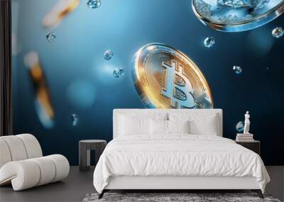 An abstract representation of digital currency flowing through the air, symbolizing the dynamic nature of cryptocurrency, its global reach, potential for growth, and the concept of wealth. Wall mural