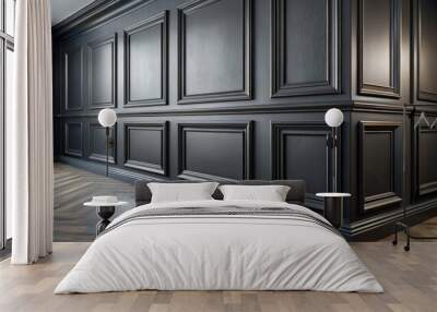 Black Wainscot Wall and Chevron Hardwood Floor - A black wainscot wall with intricate moldings meets a chevron hardwood floor in a modern interior design. Wall mural