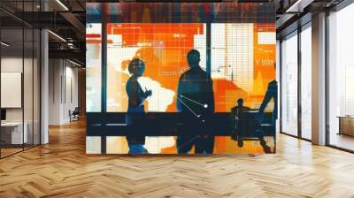 Business Analytics and Data Visualization - Silhouettes of people in front of a large screen displaying data visualizations and charts, representing business analytics and data-driven decision-making. Wall mural