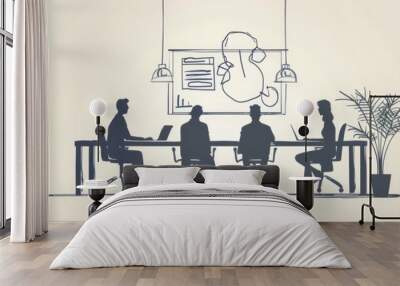 Business Meeting Sketch - Sketch of a business meeting with a team of four people sitting around a table discussing business plans and ideas. The scene is set in a minimalist, modern office space, emp Wall mural