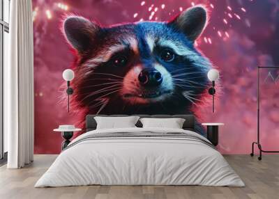 Captivating double-exposure image showcasing a raccoon silhouette against a backdrop of bursting,colorful fireworks in a moody night sky,creating a surreal and mesmerizing visual effect. Wall mural