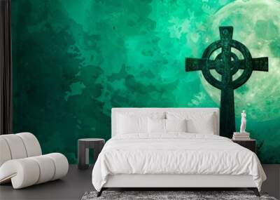 Celtic Cross Silhouette Vibrantly Set Against Emerald Green Backdrop Wall mural