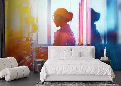 Closeup of a vibrant,high-tech medical research laboratory filled with advanced scientific instruments and equipment. The image features a double exposure silhouette design. Wall mural