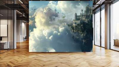 Clouds surround a floating fantasy castle at sunrise - Ethereal panoramic view of an imaginary castle floating among clouds bathed in the golden light of sunrise Wall mural