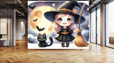 Cute Witch with Black Cat and Broom Under Full Moon - A whimsical illustration of a young witch with a black cat and a broomstick under a full moon. The artwork has a watercolor style. Wall mural