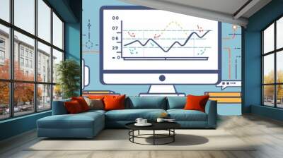 Data Analysis and Business Growth: Desktop with Charts and Graphs - An illustration depicting a modern workspace with a desktop computer displaying charts and graphs, symbolizing data analysis, busine Wall mural