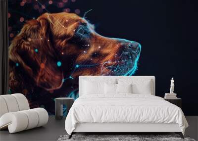 Digital Dog: Futuristic Pet Portrait with Neon Lights - A dog's head is illuminated by neon lights, creating a digital, futuristic effect. The image represents technology, connectivity, and the bond b Wall mural