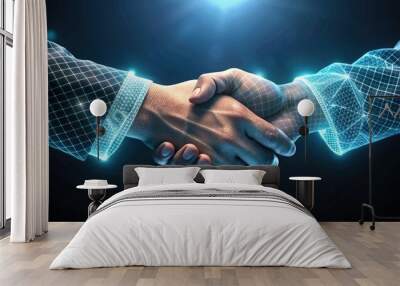 Digital handshake with wireframe design - Two hands engaging in a handshake overlaid with a blue digital wireframe, symbolizing technology and agreements Wall mural