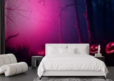 Eerie Pink Fog Envelopes Glowing Jack-O-Lanterns in a Haunted Forest. A spooky and mysterious setting with vibrant pink fog, glowing jack-o-lanterns, and a dark, foreboding forest.  Symbolizing myster Wall mural