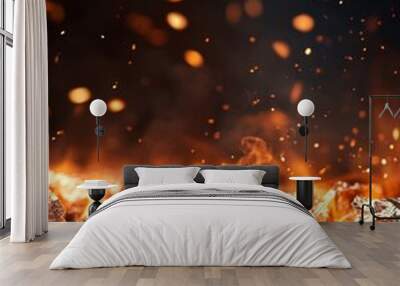 Food wrapped in aluminum foil, sizzling over hot coals, with flames and sparks flying around, creating a vibrant scene. The image symbolizes warmth, comfort, and the joy of cooking. Wall mural