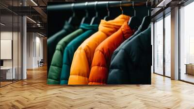 Four winter jackets in various bright colors are hanging on a rack, showcasing a range of styles and textures. The jackets are a visual representation of warmth, comfort, and winter fashion. The dark  Wall mural