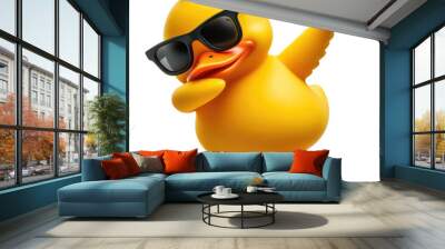 Funny yellow rubber duck wearing a sunglasses and doing the Dab dance isolated on transparent background. Wall mural