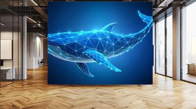 Futuristic Digital Whale Illustration with Blue Geometric Lines and Glowing Points on Dark Background Wall mural