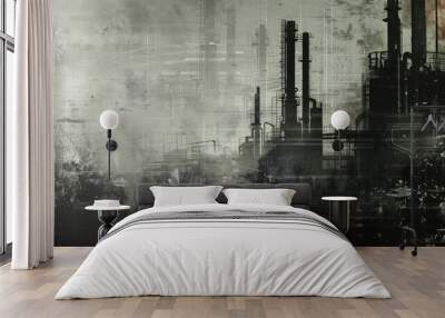 Grungy Industrial Manufacturing Cityscape with Copy Space for Text About Business and Technology Wall mural