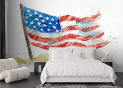 Hand-Drawn American Flag - A hand-drawn illustration of the American flag waving proudly on a pole. - A hand-drawn illustration of the American flag waving proudly on a pole. Wall mural