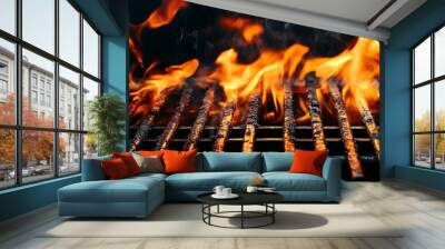 Hot Grill with Flames for BBQ Background - A close-up shot of a hot grill with flames, symbolizing summer, grilling, food, backyard, and cooking. Wall mural