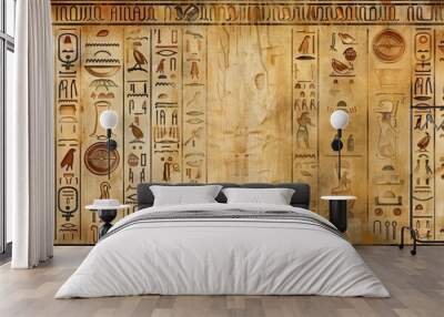 Intricate Hieroglyphic Wallpaper in Muted Earthy Tones Inspired by Ancient Egyptian Art Wall mural