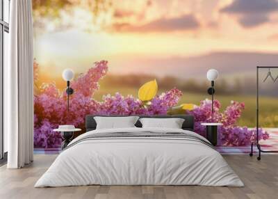 Lilac Flowers on a Checkered Picnic Blanket at Sunset - A vibrant bouquet of lilac flowers rests on a red and white checkered picnic blanket, capturing the beauty of a warm summer sunset. The image sy Wall mural