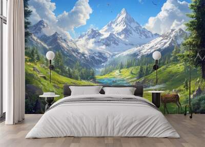 Majestic Mountain Landscape with Deer and Serene Lake - A breathtaking vista of snow-capped mountains, lush green valleys, a tranquil lake, and two majestic deer grazing peacefully, symbolizing the be Wall mural