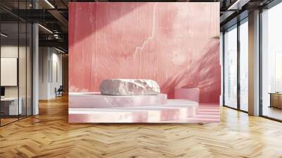 Minimalist Stone Podium for Beauty Product Presentation in 3D Rendering Scene This image showcases a clean and modern 3D rendering of a stone platform or pedestal designed for the display and Wall mural