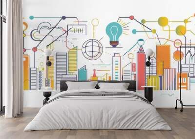 Modern Cityscape with Connected Technologies - A colorful and stylized illustration of a modern city with interconnected lines representing technology and innovation. - A colorful and stylized illustr Wall mural