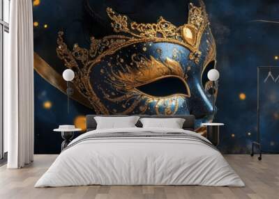 Mysterious Venetian Carnival Mask with Gold Accents and Sparkling Lights - A mysterious Venetian carnival mask with intricate gold accents is set against a backdrop of sparkling lights. The mask symbo Wall mural