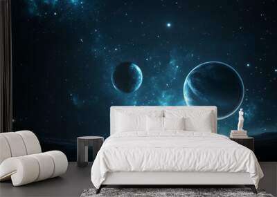 Mystical Blue Planets in a Starry Night Sky - This image depicts two blue planets in a dark night sky, surrounded by a myriad of twinkling stars and a celestial nebula, symbolizing wonder, exploration Wall mural