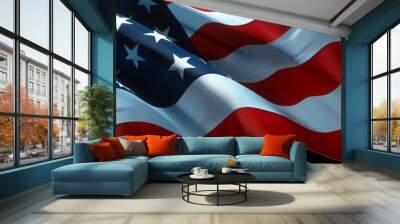 Patriotic 3D  American Flag Wallpaper with Copy Space. Abstract digital of the United States flag in a vibrant red,white and blue design with ample room for text overlay or additional content. Wall mural