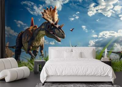 Prehistoric Dinosaurs Roaming Lush Triassic Period Landscape with Verdant Grass and Cloudy Blue Sky Wall mural