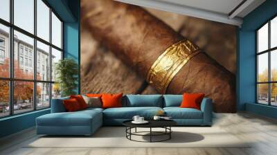 Premium Cigar with Gold Band on Rustic Wooden Background - A close-up of a premium cigar with a gold band, resting on a rustic wooden surface.  This image symbolizes luxury, indulgence, relaxation, cr Wall mural