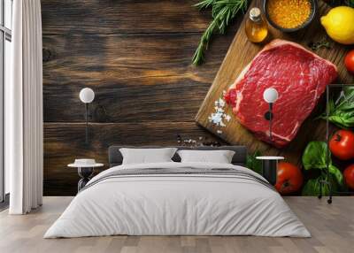 Raw Beef Steak on Wooden Cutting Board with Fresh Herbs and Spices - A raw beef steak on a wooden cutting board surrounded by fresh herbs, spices, and vegetables, symbolizing the ingredients and prepa Wall mural