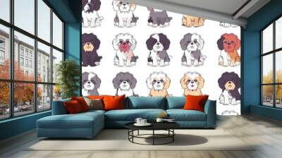 Seamless pattern of Cute Cartoon Shih Tzus in Vibrant Silly Poses Arranged in a Colorful Grid Wall mural