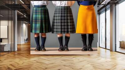 Six individuals stand in a row, each wearing a distinct kilt, showcasing a variety of colors and patterns, representing tradition and individuality. Wall mural