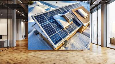 Snow-Covered Solar Panel Roof on a House in a Winter Landscape with Sunlight - Snow-covered house roof with solar panels in a serene winter landscape, showcasing the blend of renewable energy with nat Wall mural