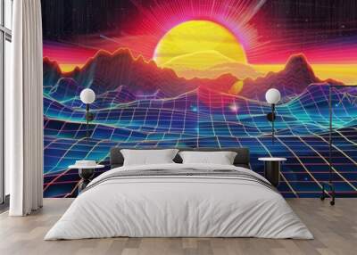 This 80s style grid background comes alive with a chrome grid and prismatic rainbow gradient sun on top. The shining sun casts a warm glow on the grid lines, creating a synthwave and atmosphere. The Wall mural