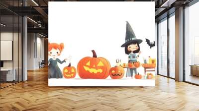 This whimsical watercolor illustration features four adorable children dressed in Halloween costumes, celebrating the holiday with pumpkins, candy, and festive decorations. The illustration evokes a s Wall mural