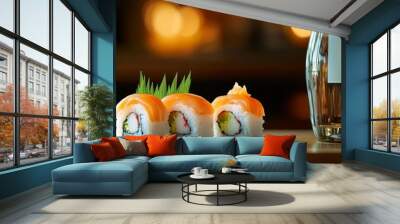 Three perfectly rolled salmon sushi rolls, with fresh ingredients and a side of sake, a perfect combination for a sushi night. Wall mural