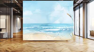 Tranquil Seaside Watercolor Landscape - A serene watercolor depicting a peaceful beach scene with gentle waves, soft sand, coastal grasses, clear blue sky, and fluffy clouds, evoking relaxation and ca Wall mural