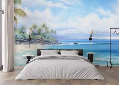 Tropical beach with palm trees watercolor painting - Beautiful watercolor painting portraying a serene tropical beach surrounded by palm trees and a clear blue sky Wall mural